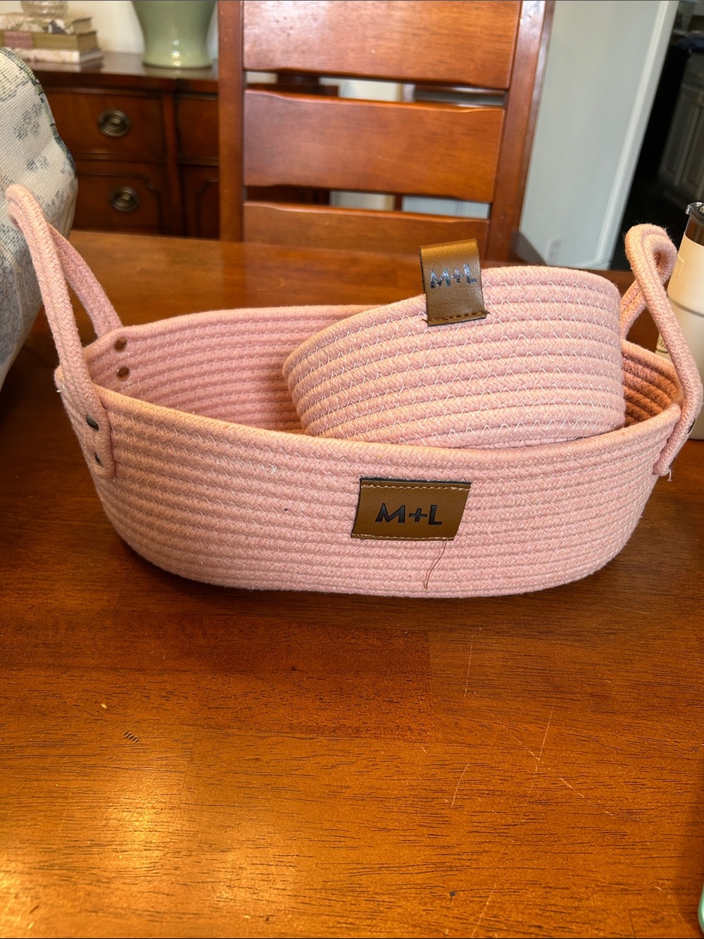 M+L Pink Woven Rope Storage Basket Set